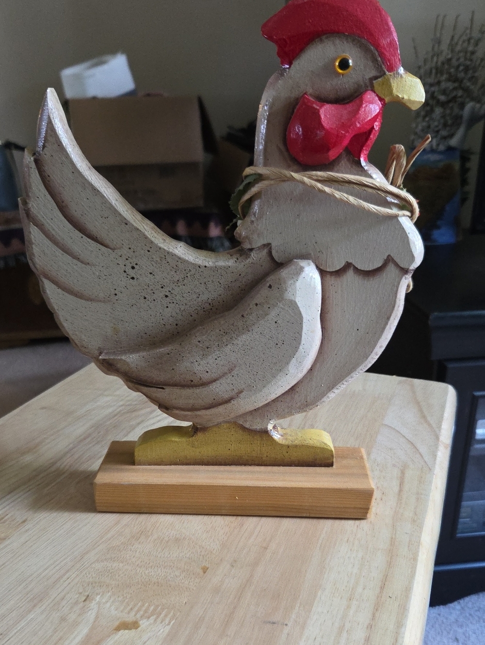 Handcrafted Cream and Red Wooden Hen Figurine - Farmhouse Accent